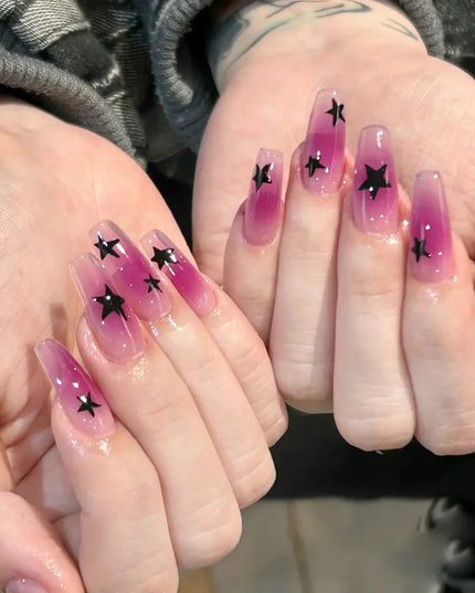 Black Y2K Press on Nails Long Coffin Pink Fake Nails with Diamond Designs Gradient Color Wearable False Nail for Women 2025 New