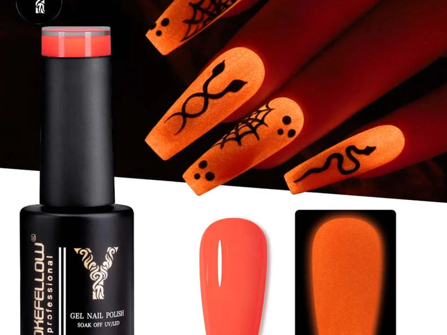 YOKEFELLOW Glow in the Dark Gel Nail Polish 10ML Orange Fluorescent Neon Luminous Gel Polish Nail Art for Halloween Women Girls