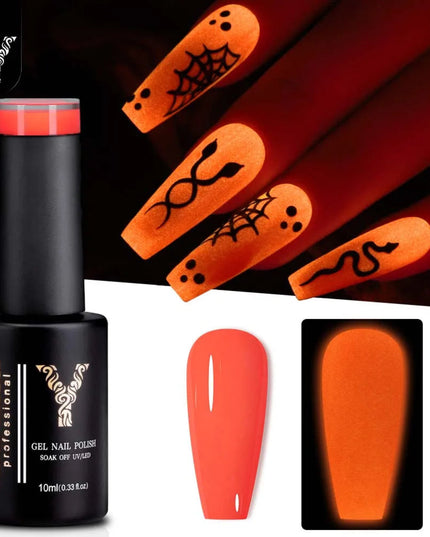 YOKEFELLOW Glow in the Dark Gel Nail Polish 10ML Orange Fluorescent Neon Luminous Gel Polish Nail Art for Halloween Women Girls
