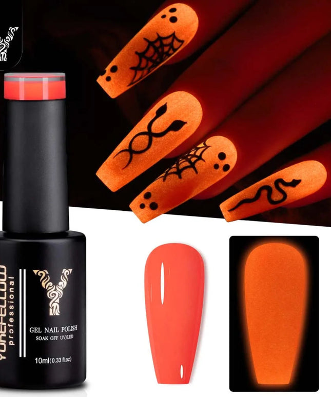 YOKEFELLOW Glow in the Dark Gel Nail Polish 10ML Orange Fluorescent Neon Luminous Gel Polish Nail Art for Halloween Women Girls