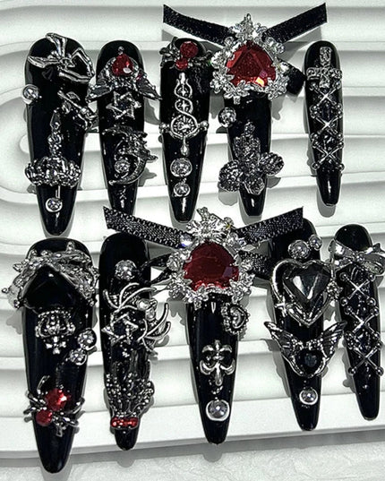 Menhera Y2K Spice Girls Black Red Long Tip Handmade Press On Nails Cross Spider Love Diamond Fake Nails Bow Cool Dark Nail Art