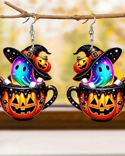 Halloween Pumpkin Witch Hat Acrylic Dangle Earrings Personality Rave Ghost Rainbow Earrings for Women Colorful Funny Jewelry