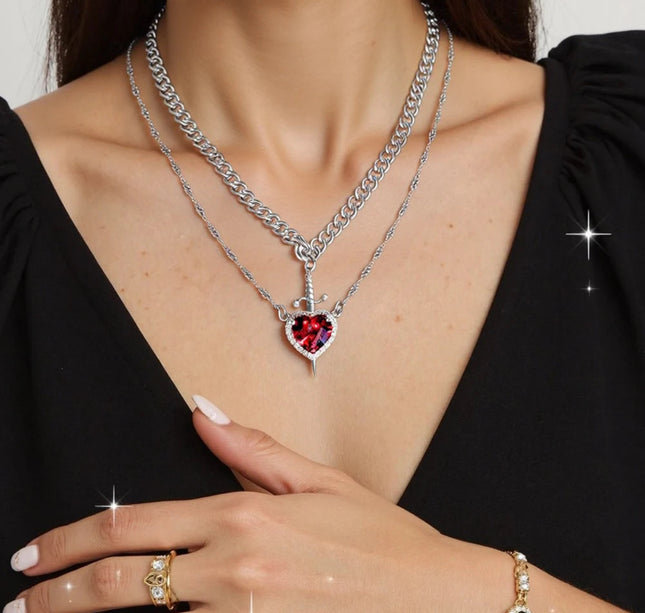 Heart Zirconia Chain Trendy Matching Sword Through Heart Necklace Set Heart Sword Necklace Jewelry Gift for Couples