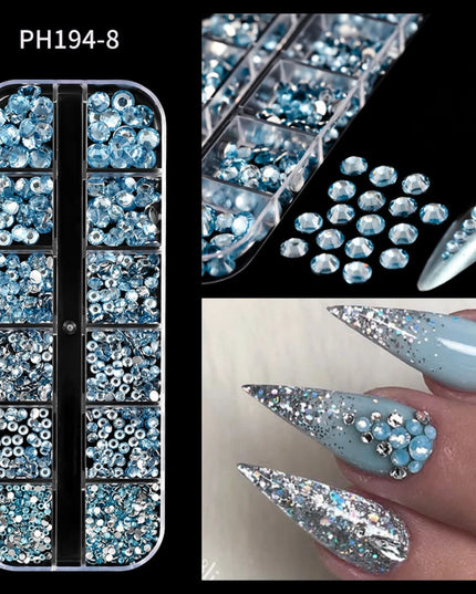 12Grid/Box Luxury AB Flatback Nail Art Rhinestones 6-sizes Colorful Glitter Crystal Jewelry Gems 3D Nails Accessories Diamond