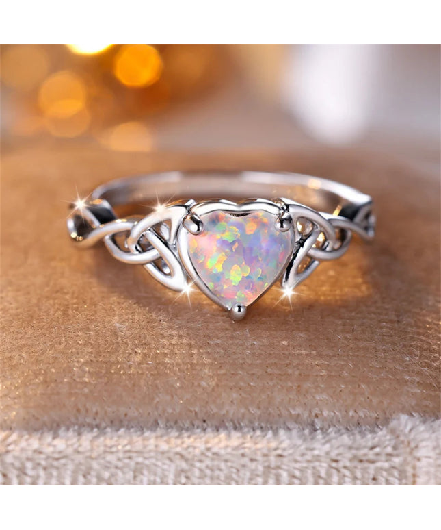 Mystic White Fire Opal Rings For Women Antique Gold Silver Color Leaf Infinity Wedding Bands Heart Engagement Party Jewelry Gift