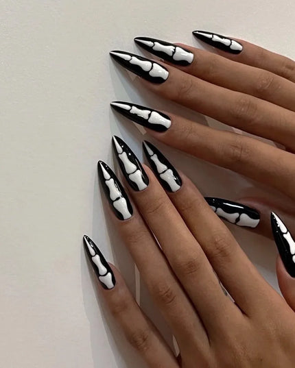 24Pcs Horror Comic Tomie Press on Nails Almond Glossy Black Japanese Anime Nails Reusable Halloween False Nail Tips for Girls