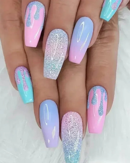 24Pcs/Set Acrylic Long Ballet Press on Nail Tips Coffin Wearing Reusable False Nails Art Colorful Glossy Fake Nails Artificial
