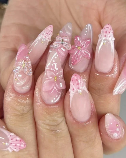 24pcs Almond False Nails Tips Summer Beach Colorful Nails Sets with Pearl Flower Design Press on Nails Art Wearable Fake Nail