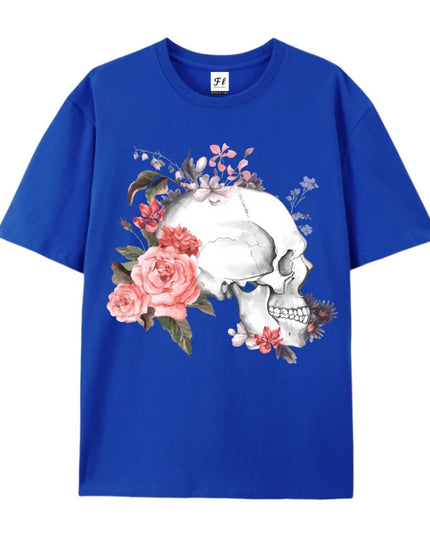 Skull And Flower Summer Print T-shirt Cotton Graphic Tees Y2k Street Wear Men Clothing New Cartoon Short Sleeve