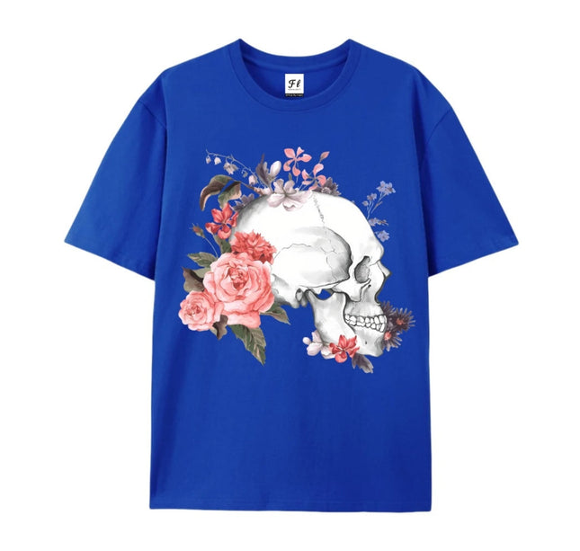 Skull And Flower Summer Print T-shirt Cotton Graphic Tees Y2k Street Wear Men Clothing New Cartoon Short Sleeve