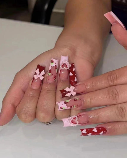 24 Pcs Press On Nails Pink Strawberry Fake Nails Glossy Artificial Finger Manicure Reusable False Nails For Women