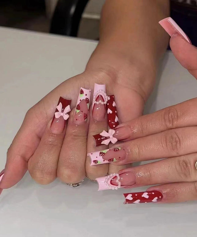 24 Pcs Press On Nails Pink Strawberry Fake Nails Glossy Artificial Finger Manicure Reusable False Nails For Women