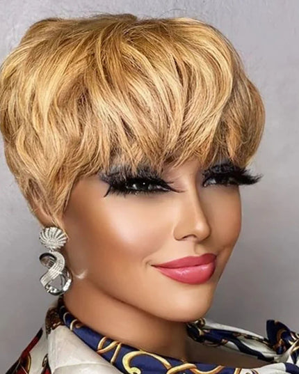 Brown Short Pixie Cut Wig Human Hair For Black Women Machine Made Wigs With Bangs Colored Brazilian Wig Human Hair Wigs