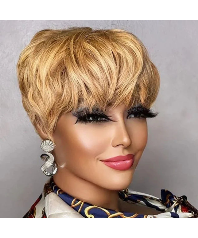 Brown Short Pixie Cut Wig Human Hair For Black Women Machine Made Wigs With Bangs Colored Brazilian Wig Human Hair Wigs