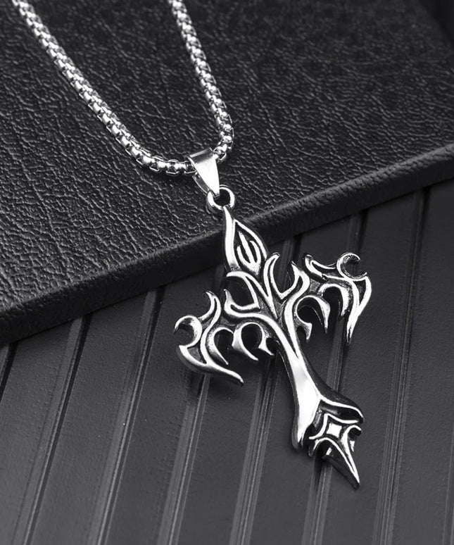 Hip Hop Fashion Jewelry Unique Design Stainless Steel Flame Cross Pendant Necklace Goth Necklaces Gift for Women Men
