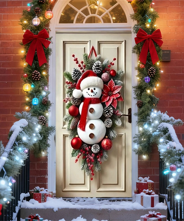 Festive Santa Claus Christmas Door Cover for Front Door Holiday Door Wrap with Christmas Decorations and Snowflakes