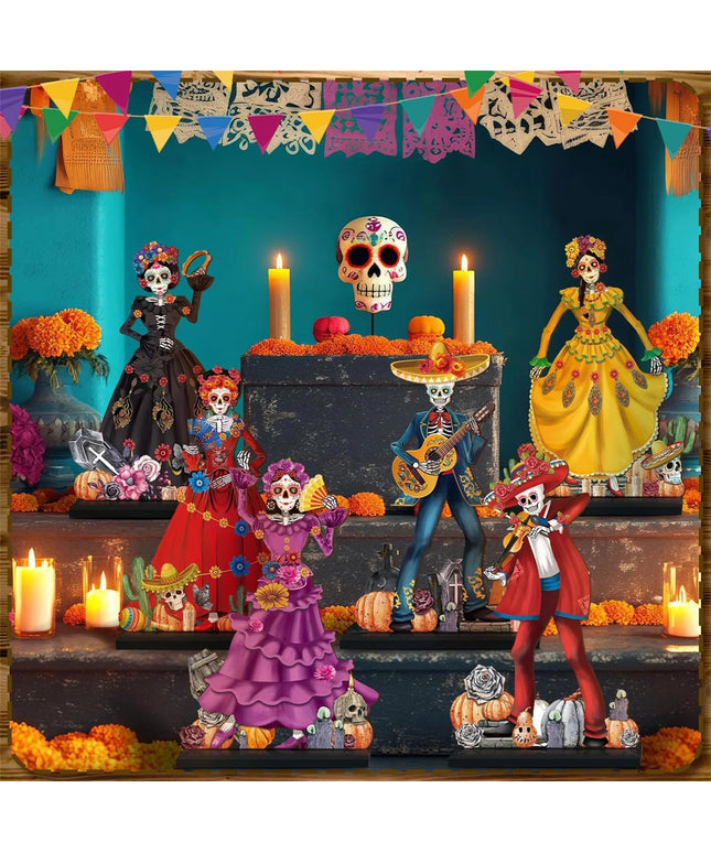 Colorful Day of the Dead Skeleton Decorations 8 Piece Set for Spooky Home and Desktop Centerpiece with Wooden Flowers