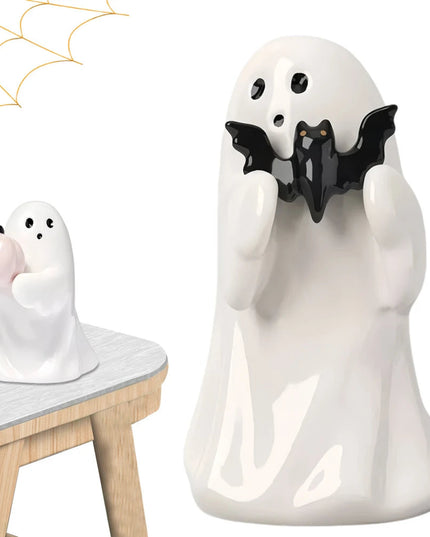 2Pcs Cute Ghost Hold Pumpkin Statue Spooky Resin Ghost Bat Figurine Spooky Ghost Desktop Sculpture Halloween Home Office Decor