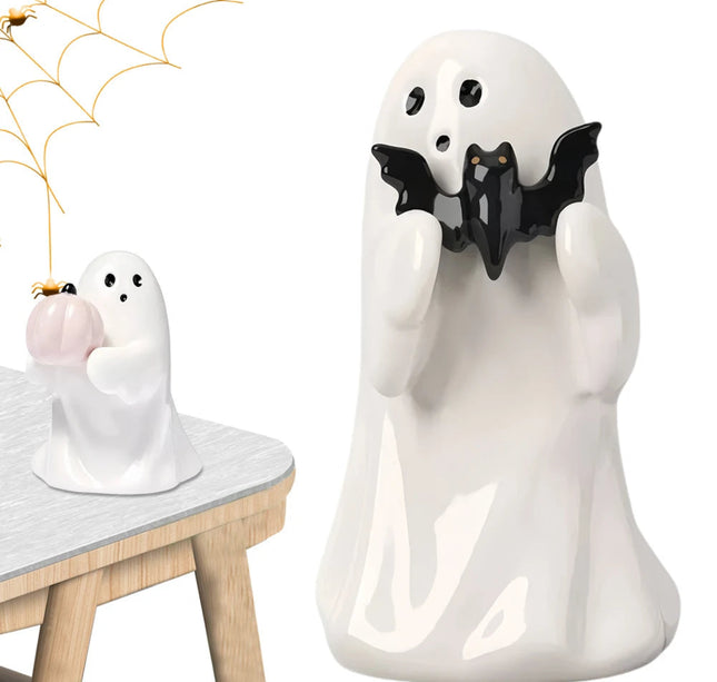 2Pcs Cute Ghost Hold Pumpkin Statue Spooky Resin Ghost Bat Figurine Spooky Ghost Desktop Sculpture Halloween Home Office Decor