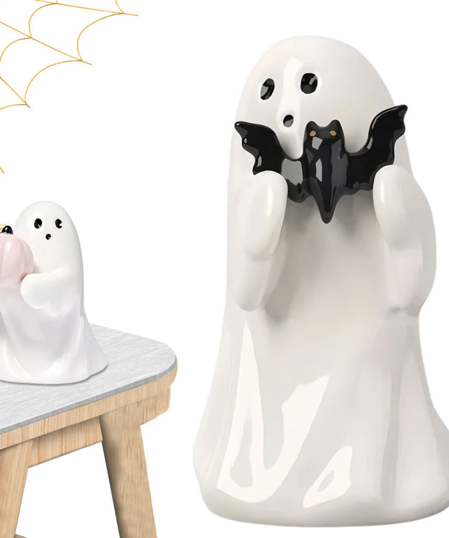 2Pcs Cute Ghost Hold Pumpkin Statue Spooky Resin Ghost Bat Figurine Spooky Ghost Desktop Sculpture Halloween Home Office Decor
