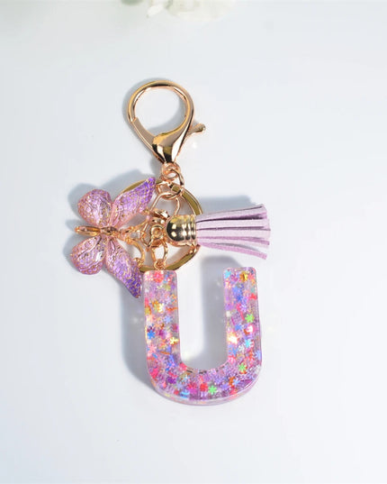 A-Z Dreamy Sequin Letters Keychain for Women Tassel Butterfly Pendant Initial Keyring Purse Suspension Bags Charms Car Key Chain