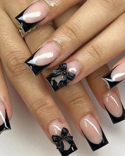 24Pcs Pink French Style Fake Nails 3D Bowknot Designs Short Square Press on Nails Sweet Korean Fashion False Nail for Women Girl