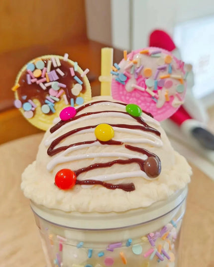 450ml Cute Straw Cup,Ice Cream Lids for Stanley Tumbler,Reusable Plastic Cups,Summer Drinkware Cold Brew,Girl Water Bottle Gift