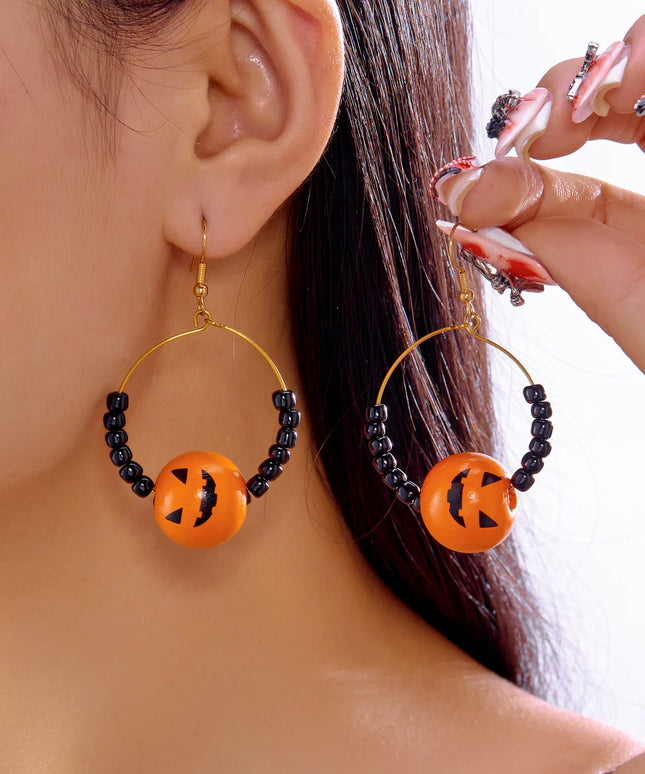 Halloween Cat Pumpkin Ghost Dangle Earrings for Women Fashion Crystal Beaded Round Circle Hoop Earrings Halloween Party Jewelry
