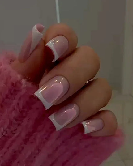 24pcs White French Chrome Press on Nails Medium Coffin Fake Nails Glitter Diamond Pearls False Nails Pink Bowknot Heart Nail Art