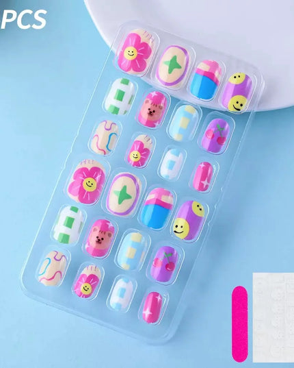 24Pcs Kids Press on Nails Children Fake Nails Girls Full Cover Short False Fingernails for Kids Design Decoration Lovely Pattern