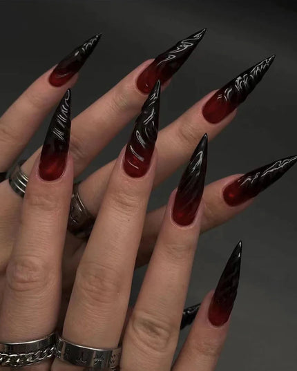 24Pcs Horror Comic Tomie Press on Nails Almond Glossy Black Japanese Anime Nails Reusable Halloween False Nail Tips for Girls