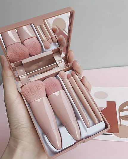 5-Piece Mini Makeup Brush Set with Mirror - Makeup Case with Mirror, Foundation Brush, Eyeshadow Brush, Foundation Blush Brush