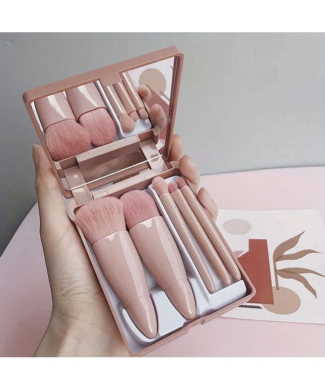 5-Piece Mini Makeup Brush Set with Mirror - Makeup Case with Mirror, Foundation Brush, Eyeshadow Brush, Foundation Blush Brush
