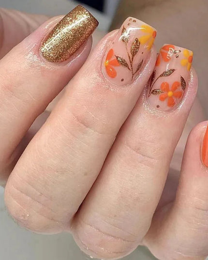 24pcs French Press on Nails Leaf Pattern False Nails Simple Wearable Stick-on Nails Fake Nail