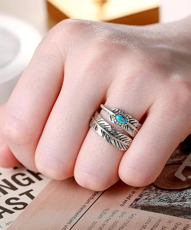 Huitan Personality Feather Shape Opening Rings for Women Anti Silver Color Imitation Turquoise Vintage Female Ring Party Jewelry