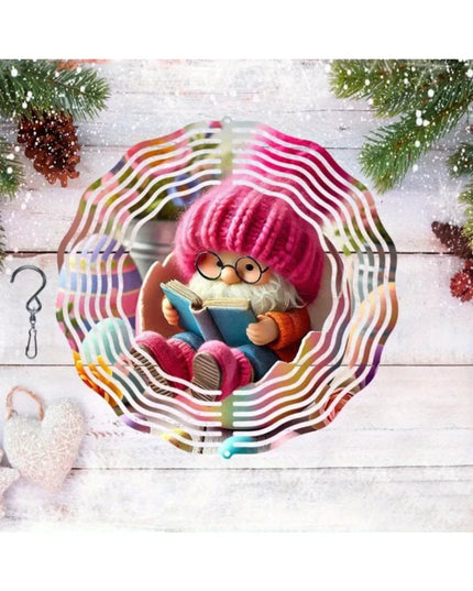 1PC Easter Gnome Reading Wind Chime | 2D Kinetic Metal Art with Pine Cones for Wall| Whimsical Halloween & Christmas Gift