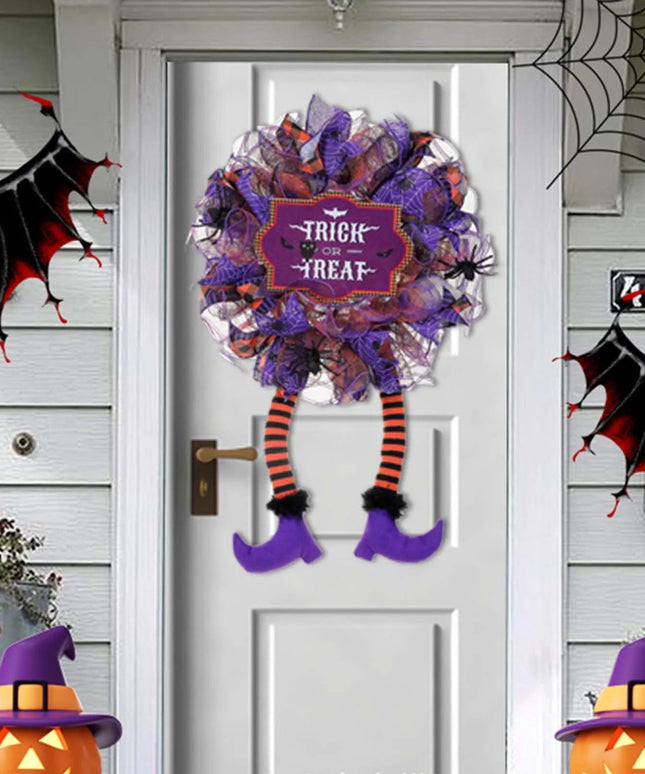 Cute Halloween Wreath Decor Purple Mesh Stripe Leg Window Hanging Wreaths For Home Front Door Xuan-us