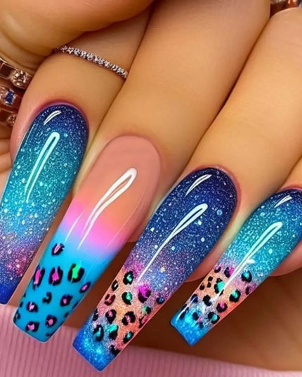 Medium long fake nails for women girls Y2K colorful gradient leopard print Pink green coffee coffin tips press on false nail set