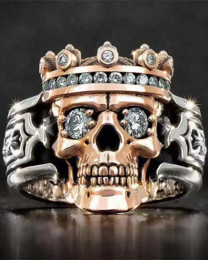 Bohemian Motorcycle Rider Retro Two-color Crown Skull Ring Punk Minimalist Niche Men's White Crystal Rose Skull Eye Ring