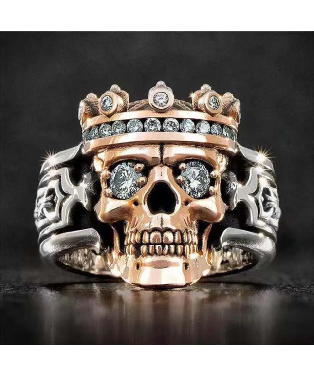 Bohemian Motorcycle Rider Retro Two-color Crown Skull Ring Punk Minimalist Niche Men's White Crystal Rose Skull Eye Ring
