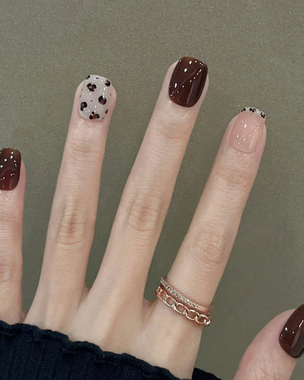 Medium long fake nails for women girls Y2K colorful gradient leopard print Pink green coffee coffin tips press on false nail set