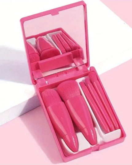 5-Piece Mini Makeup Brush Set with Mirror - Makeup Case with Mirror, Foundation Brush, Eyeshadow Brush, Foundation Blush Brush