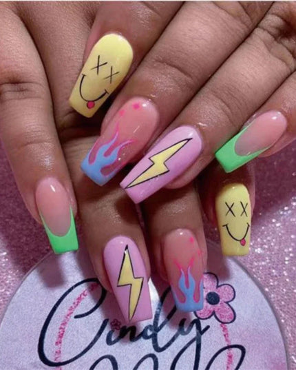 24Pcs/Set Acrylic Long Ballet Press on Nail Tips Coffin Wearing Reusable False Nails Art Colorful Glossy Fake Nails Artificial