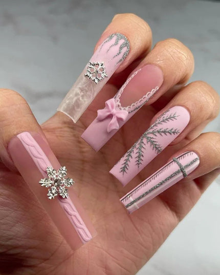 Rose Pink Long Coffin Fake Nails French Style Leopard Star Printed Press on Nails Y2K Girls Charms Manicure Black False Nails