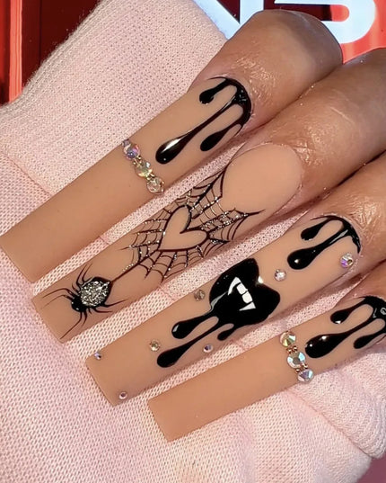 Scary Blood Skull Fake Nails Long Coffin Ballet Halloween Style False Nails 24pcs Wearable Press on Nail tips for Halloween Gift