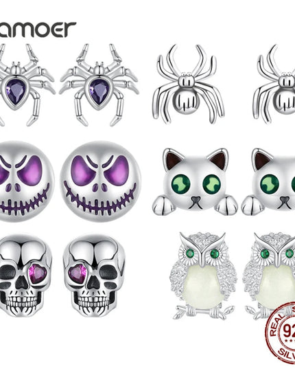 Bamoer Original 925 Sterling Silver Spider Earring Skull Grimace Ear Stud Animal For Women Men Halloween Party Gift Fine Jewelry