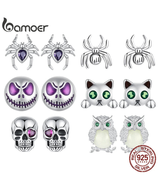 Bamoer Original 925 Sterling Silver Spider Earring Skull Grimace Ear Stud Animal For Women Men Halloween Party Gift Fine Jewelry