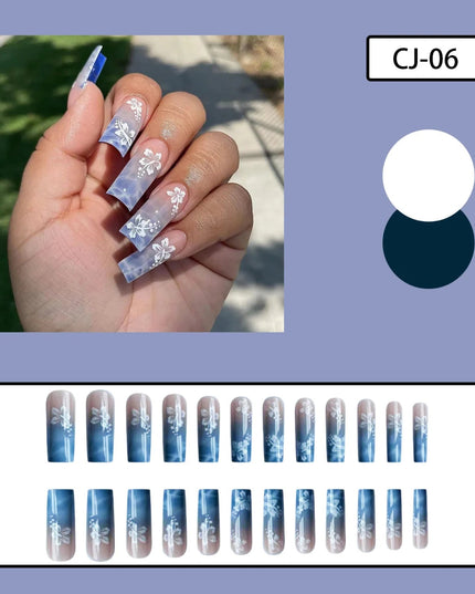 24pcs Y2k Summer Sea Blue Gradient Fake Nails With Water Ripples Designs Long Square Coffin False Nails Set Press On Nail Tips