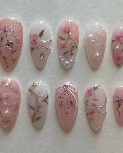 24pcs Almond False Nails Tips Summer Beach Colorful Nails Sets with Pearl Flower Design Press on Nails Art Wearable Fake Nail