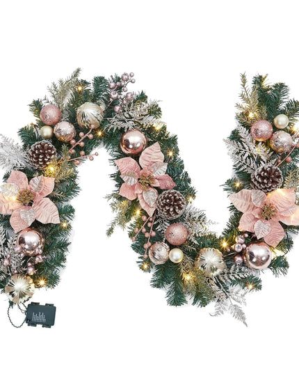 Christmas Garland with Lights, 6ft Pre Lit Outdoor Xmas Garland with Timer 20 LED Lights Pinecones Rose Gold Ball Ornaments